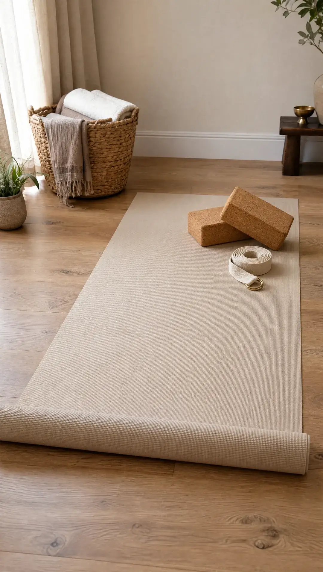 A freshly unrolled yoga mat with a coiled cotton strap and two cork blocks on a light wooden floor.