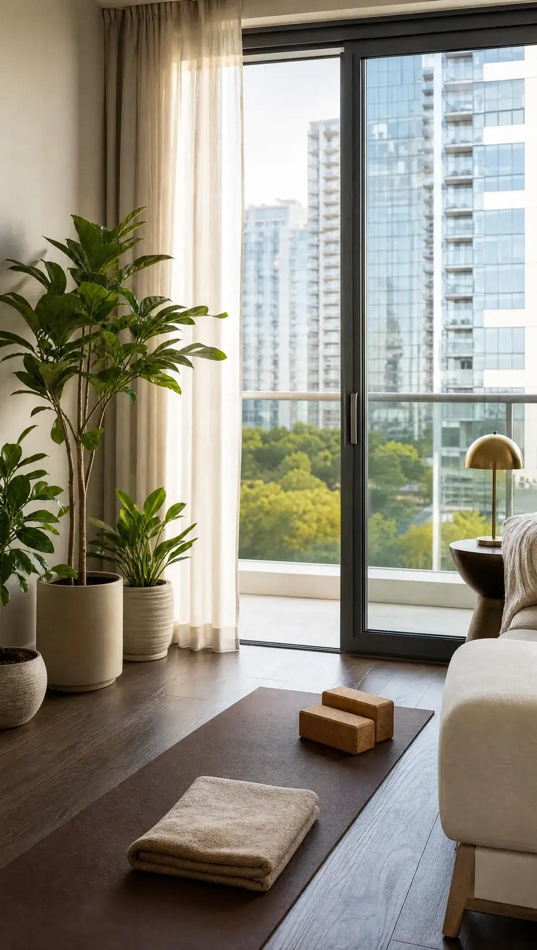 A yoga mat among potted plants beside a glass door, with modern towers and green trees outside.