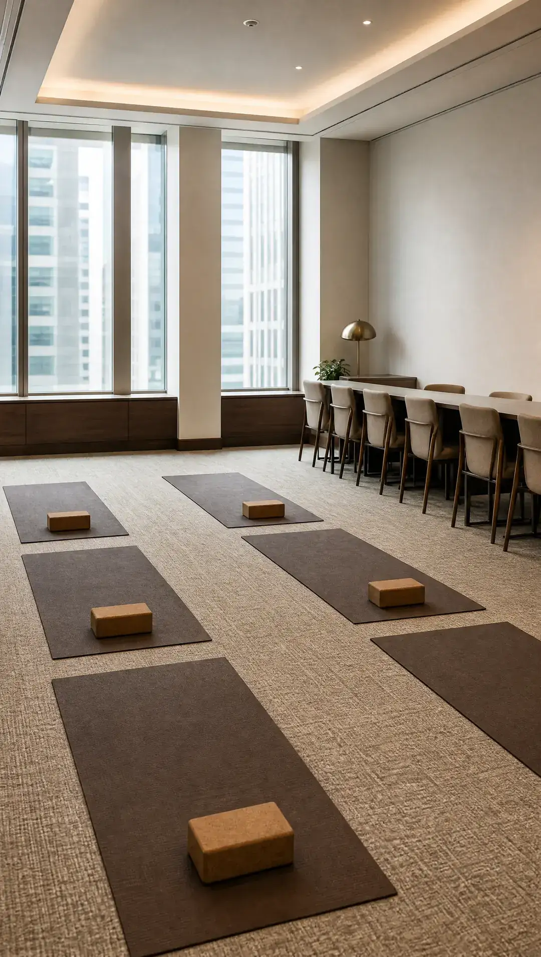 An office meeting room with the tables pushed back against the wall and yoga mats laid out in rows on the carpet.