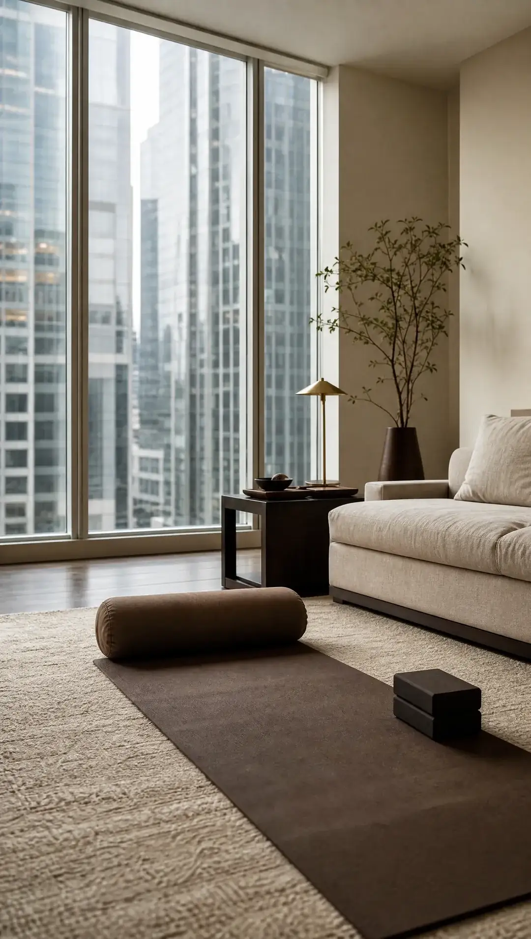 A yoga mat unrolled in a high-rise living room, with tall windows onto dense city towers.