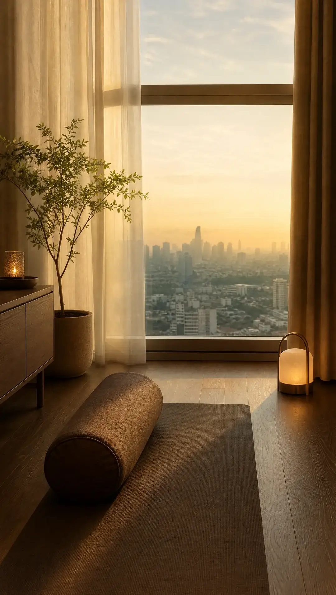 A yoga mat in front of a wide window looking out over a hazy city skyline at golden hour.
