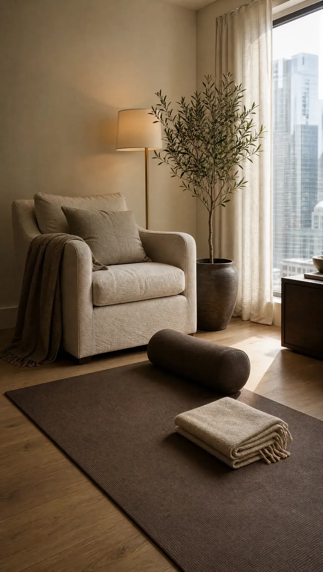 A quiet condo corner with a yoga mat, a linen armchair and a folded blanket in soft afternoon light.