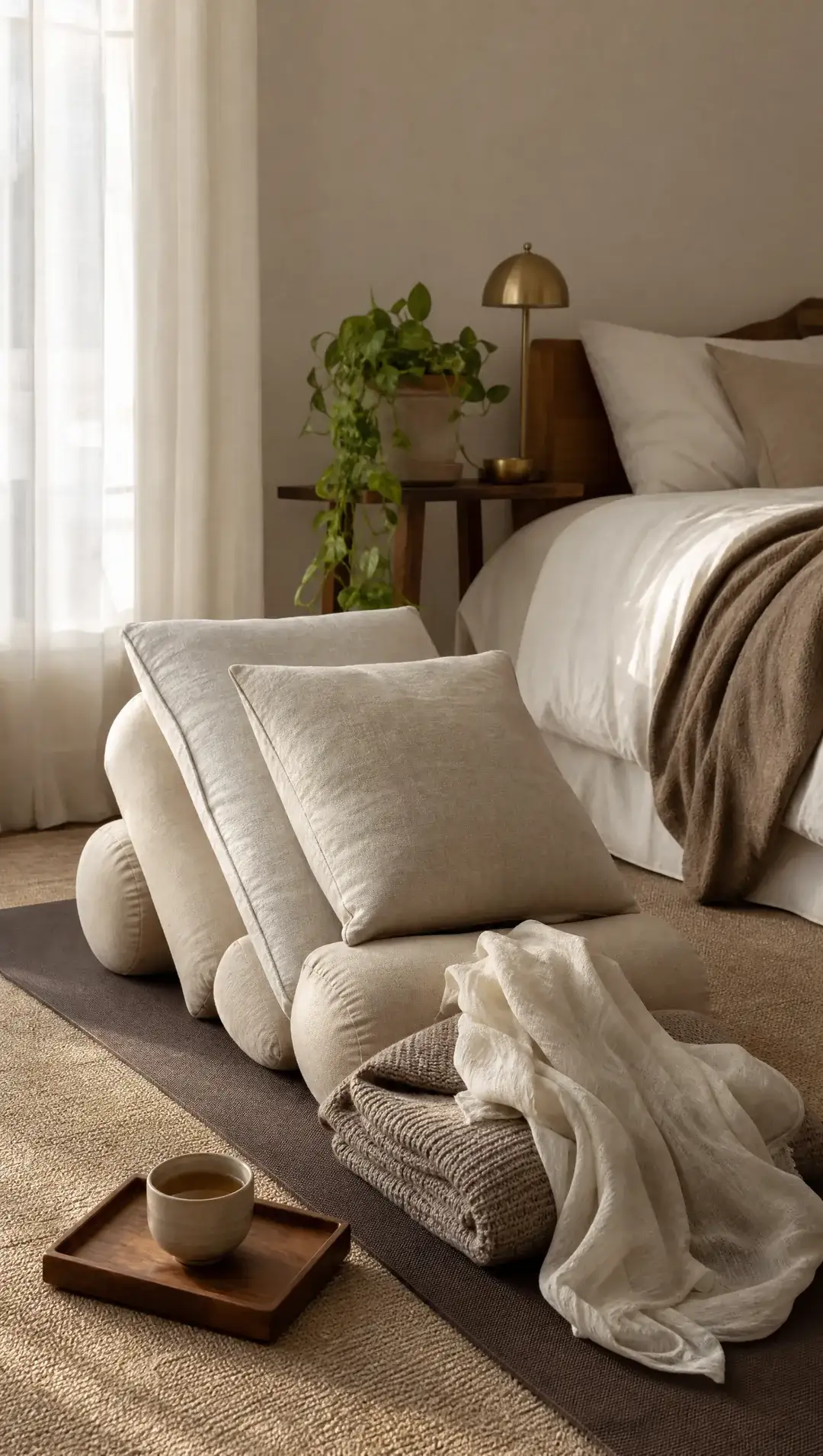 Bolsters, cushions and soft blankets arranged into a supported resting place on a yoga mat in a bright bedroom.