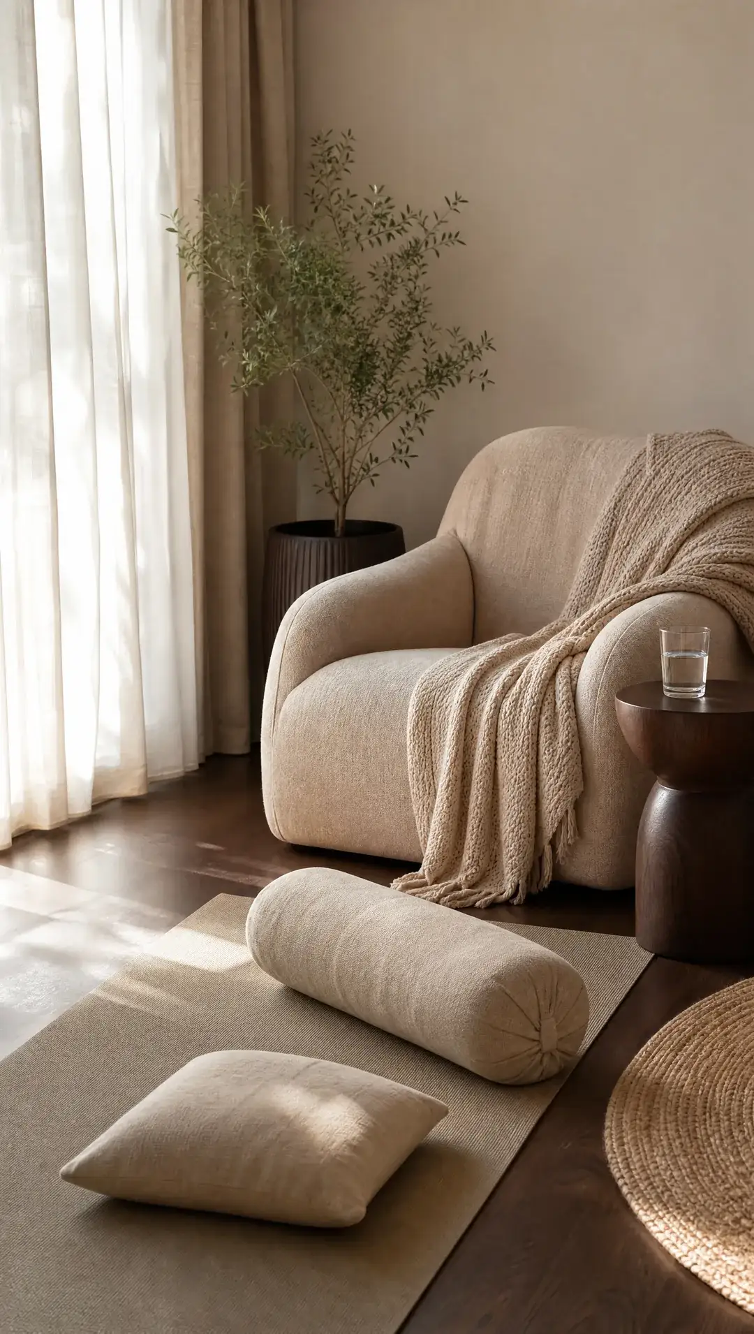 A soft armchair with a knitted blanket beside a yoga mat and bolster in a gently lit room.