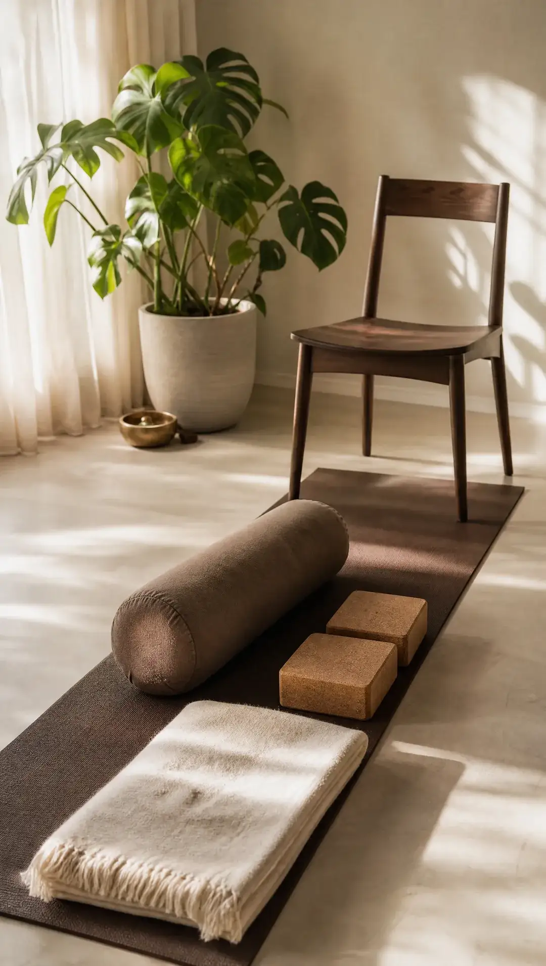 A yoga mat with a bolster, cork blocks and a plain wooden chair for support in a sunlit room with a potted plant.