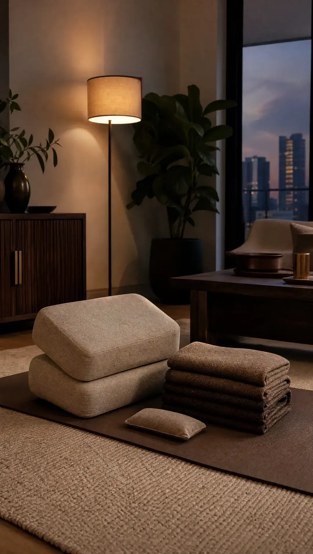 Two bolsters, a stack of folded blankets and an eye pillow set up for supported rest in a lamp-lit condo room.
