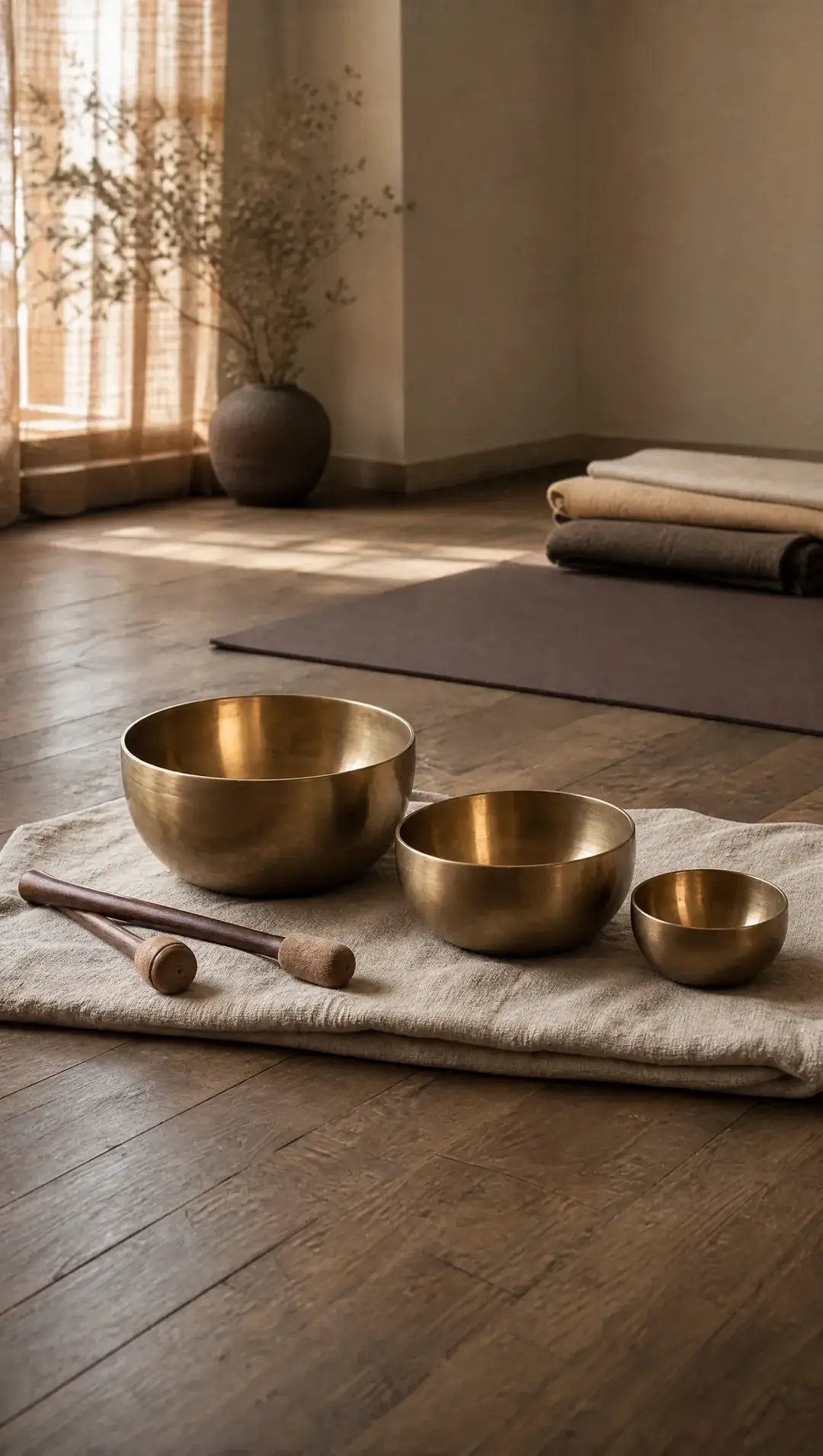 Plain brass singing bowls and wooden mallets on a linen cloth beside a yoga mat and folded blankets.