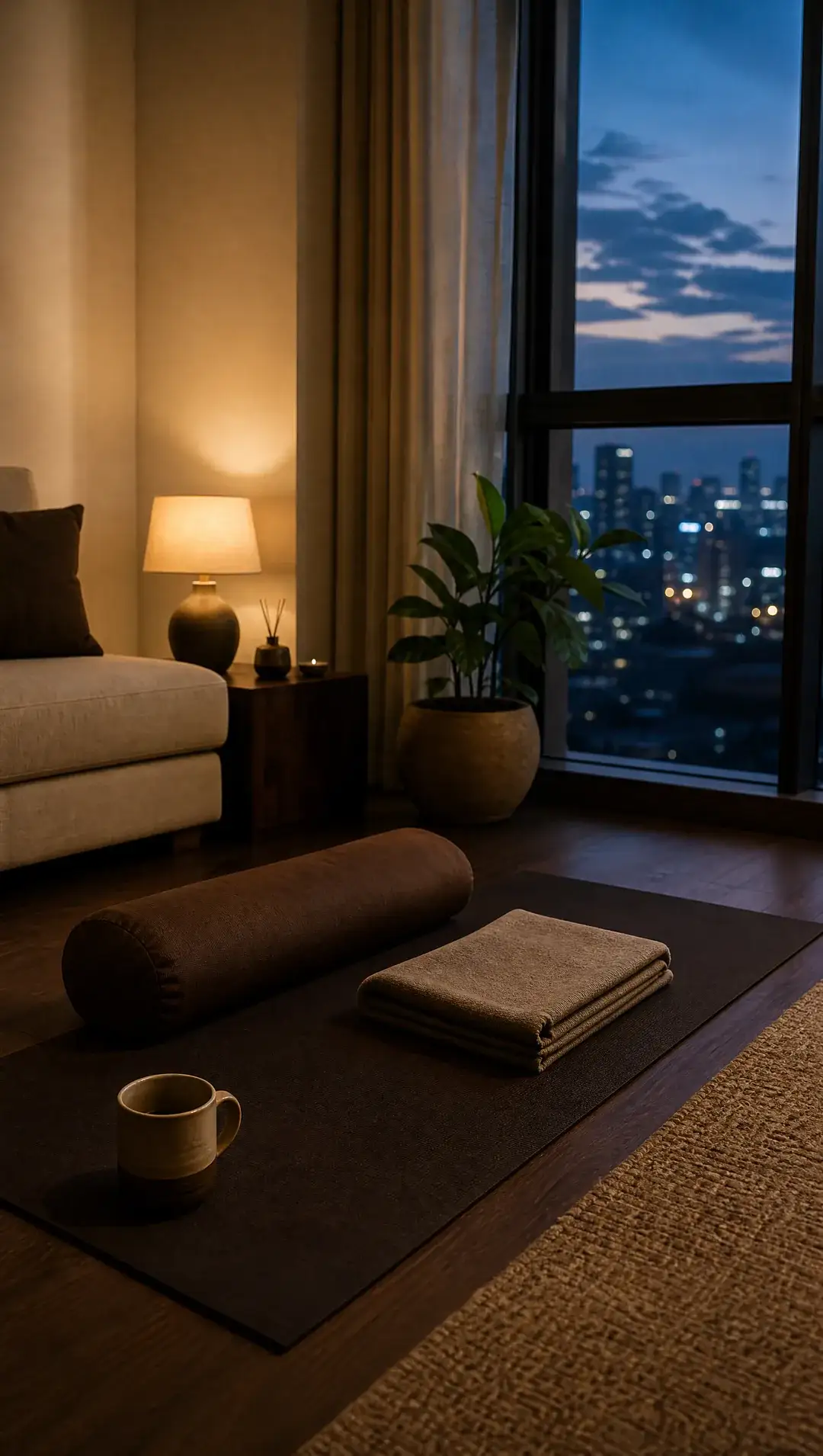 A yoga mat, bolster and folded blanket in a dim condo room at dusk, with soft city lights blurred beyond the window.