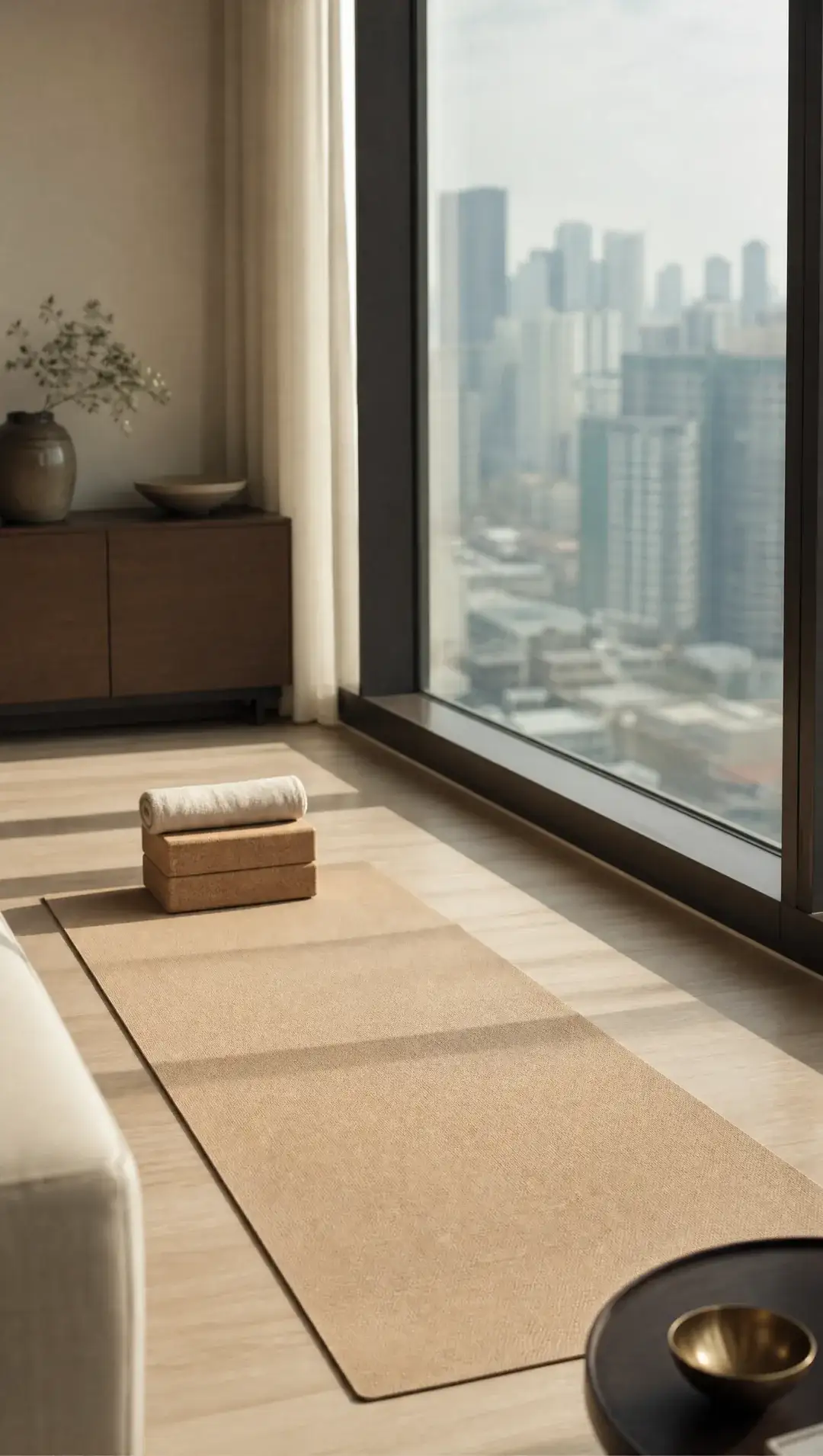 A yoga mat unrolled beside a tall window in a high-rise condo, with morning light falling across the floor.