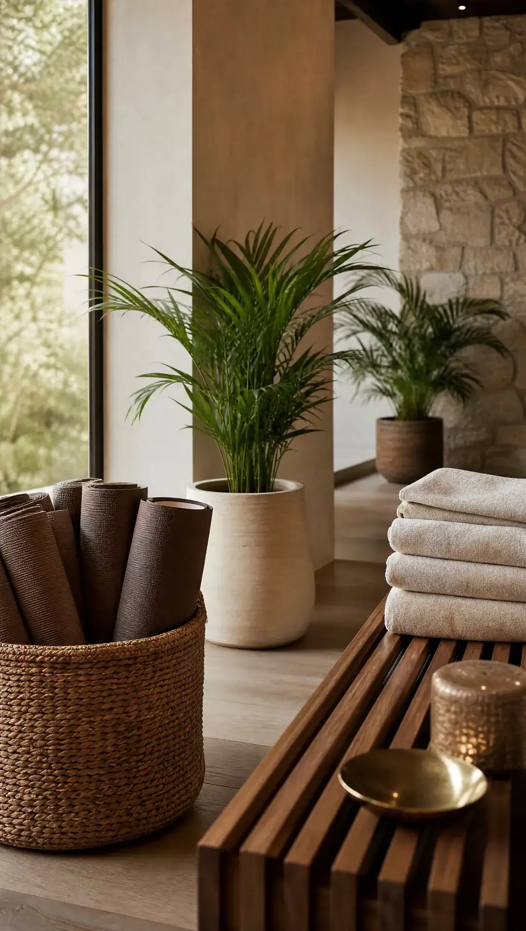 A residence amenity room with rolled yoga mats in a woven basket, folded towels on a bench and large plants.