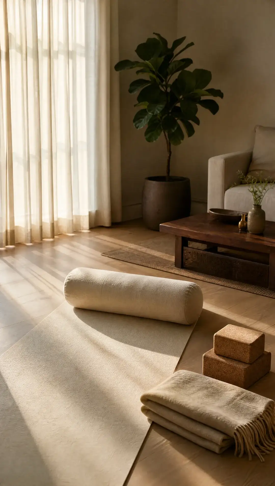 A yoga mat with a long bolster, two cork blocks and a folded blanket laid out on a wooden floor in late afternoon light.
