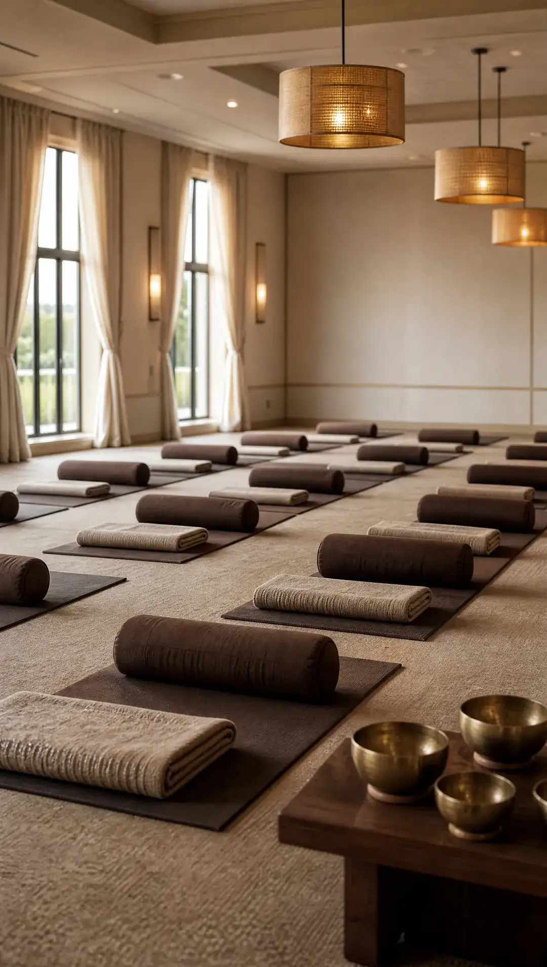 A function room set with rows of yoga mats, bolsters and folded blankets under warm pendant lights.