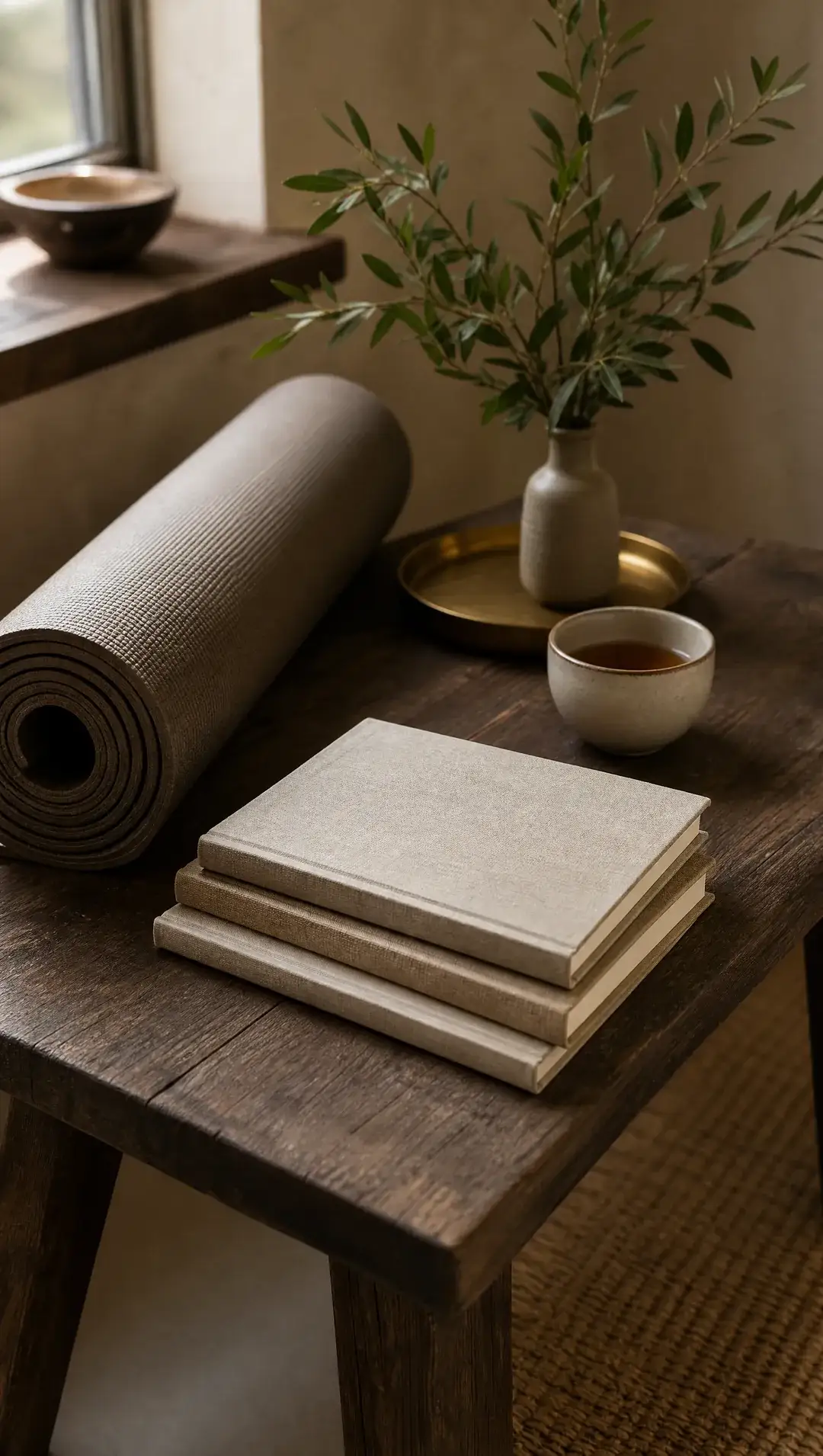A rolled yoga mat on a wooden bench beside blank linen notebooks and a cup of tea near a window.