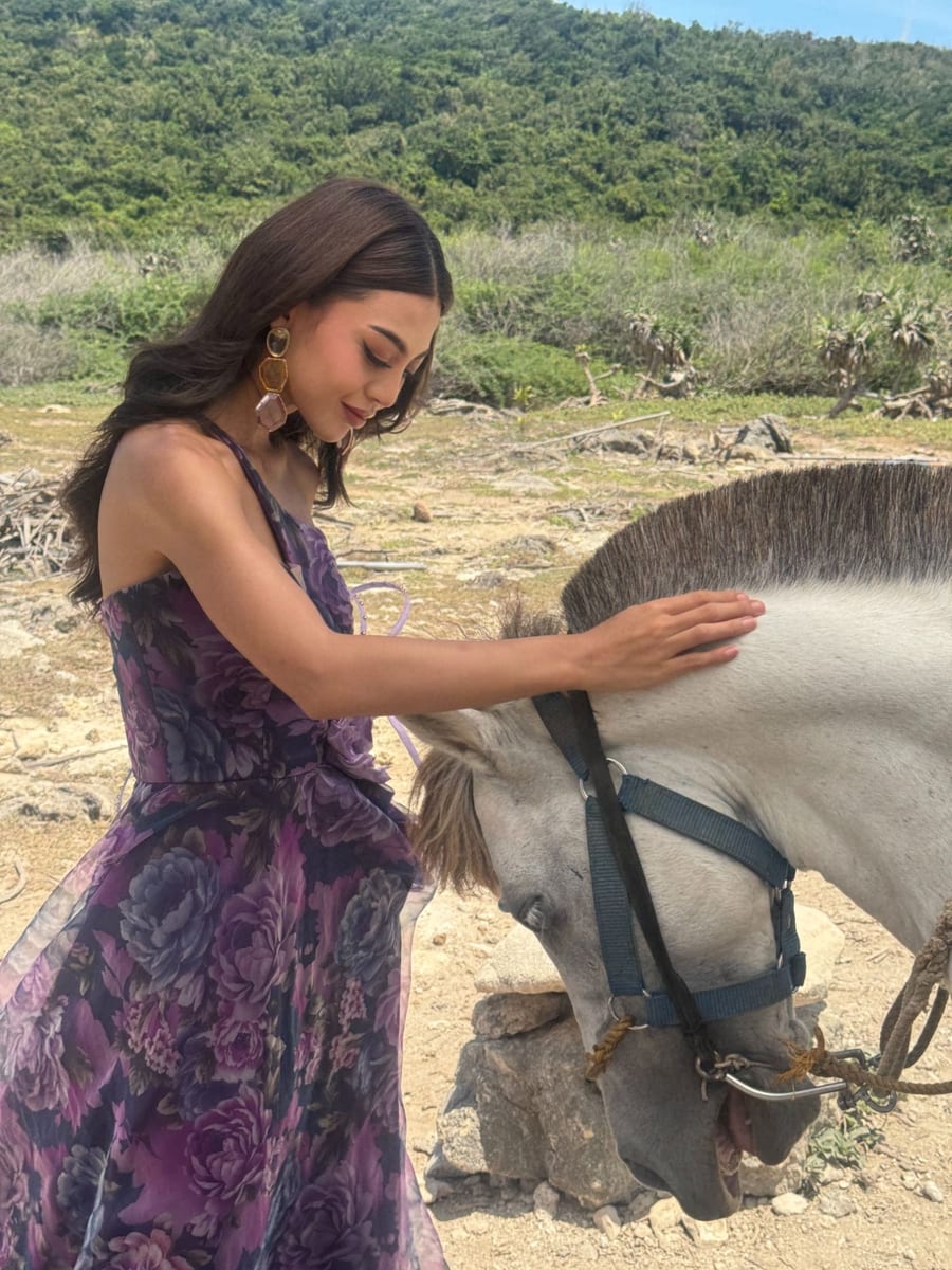 Joahnna Lee in a purple floral dress, resting her hand on the neck of a white horse, green hills behind her.