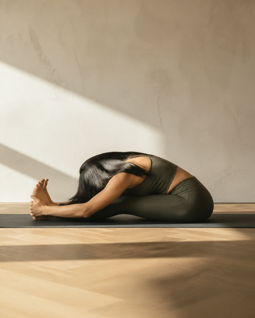 A seated forward fold in profile, forehead to shins, sunlight falling across a plaster wall.